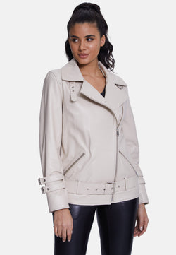 Image of Women's Genuine Leather Belted Biker Jacket,Nappa Beige