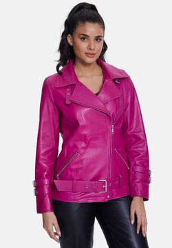 Image of Women's Genuine Leather Belted Biker Jacket,Nappa Fuchsia