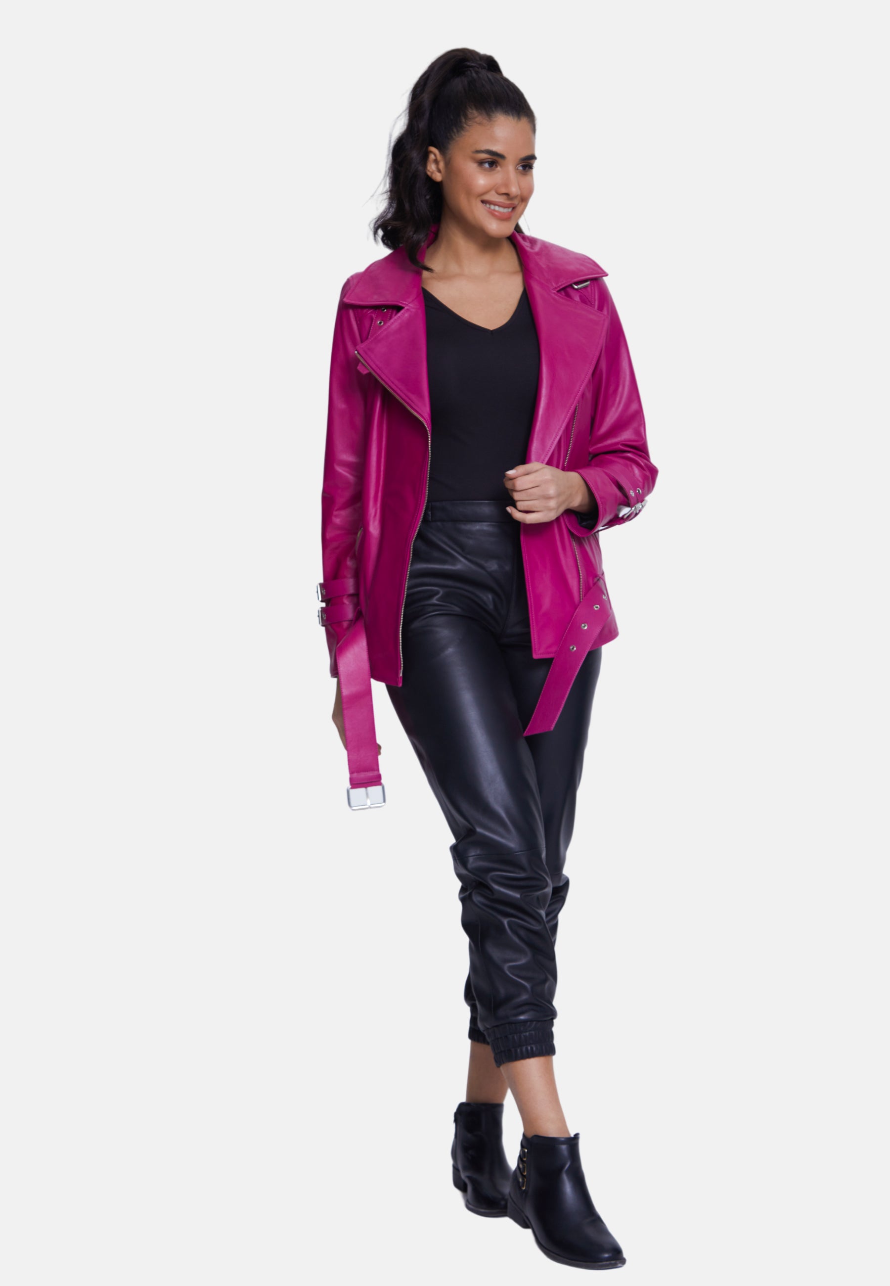 Women's Genuine Leather Belted Biker Jacket,Nappa Fuchsia