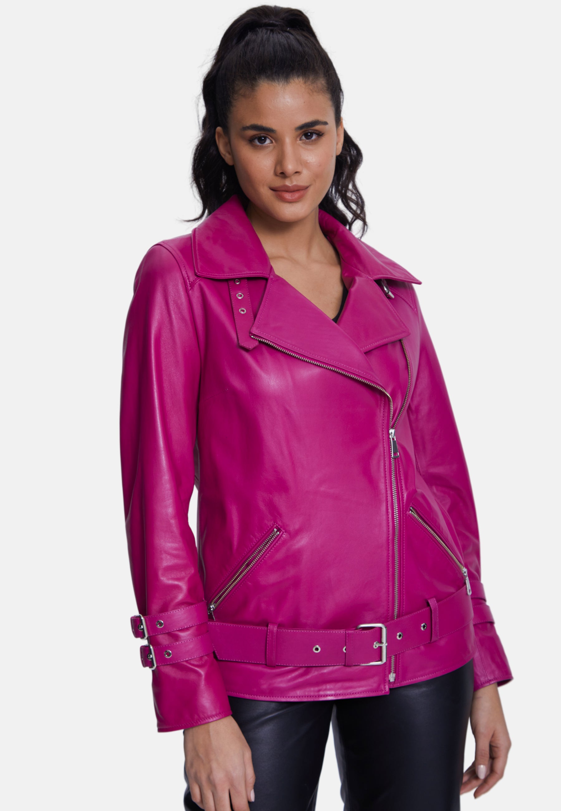 Women's Genuine Leather Belted Biker Jacket,Nappa Fuchsia