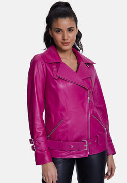 Image of Women's Genuine Leather Belted Biker Jacket,Nappa Fuchsia