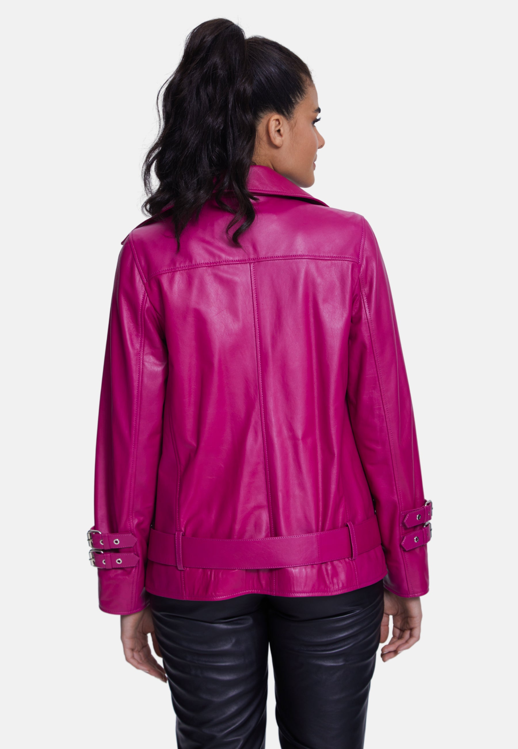 Women's Genuine Leather Belted Biker Jacket,Nappa Fuchsia