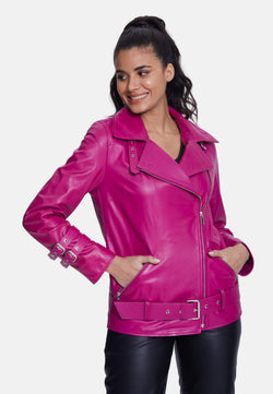 Image of Women's Genuine Leather Belted Biker Jacket,Nappa Fuchsia