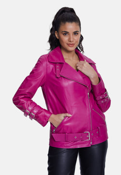 Image of Women's Genuine Leather Belted Biker Jacket,Nappa Fuchsia