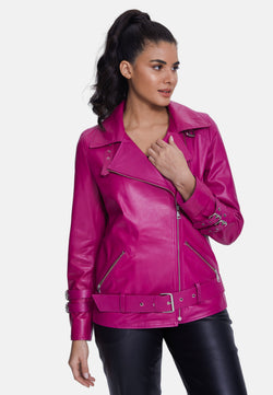 Image of Women's Genuine Leather Belted Biker Jacket,Nappa Fuchsia