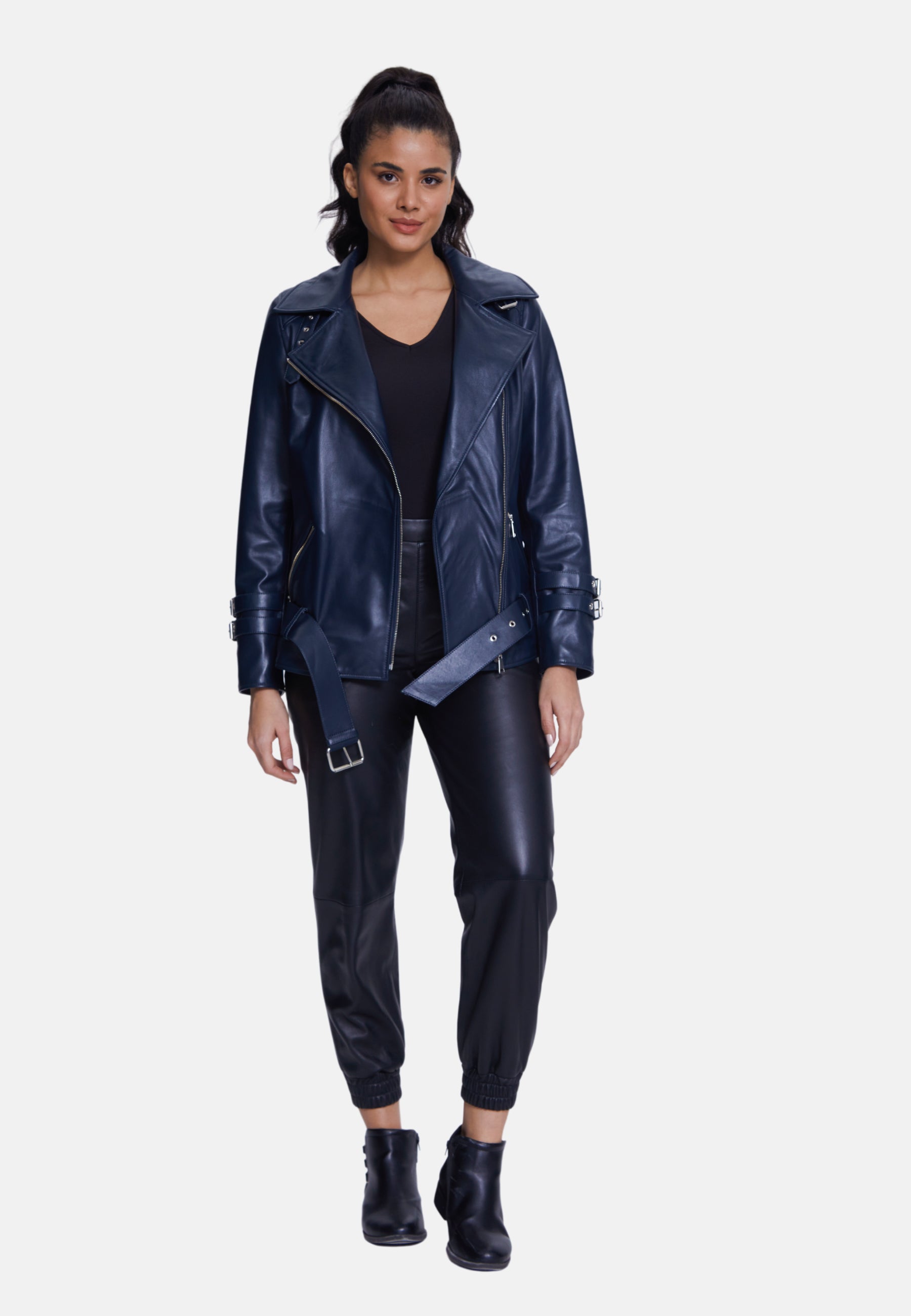 Women's Genuine Leather Belted Biker Jacket,Nappa Navy