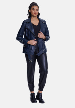 Image of Women's Genuine Leather Belted Biker Jacket,Nappa Navy