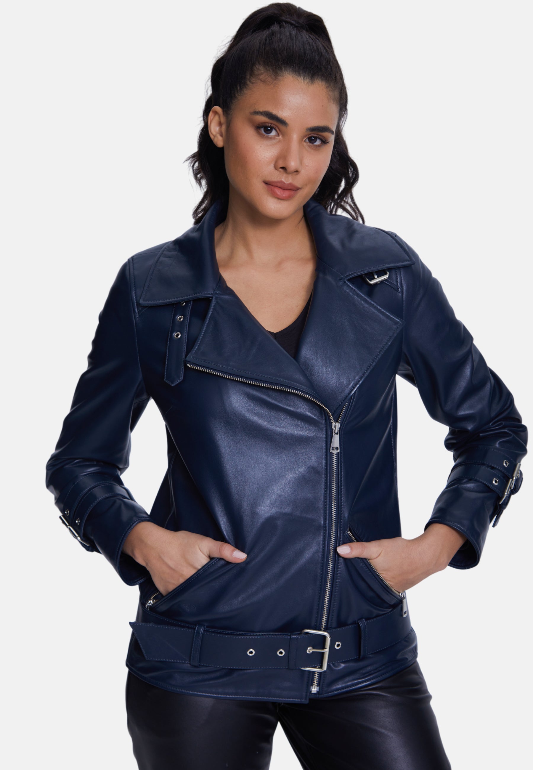 Women's Genuine Leather Belted Biker Jacket,Nappa Navy