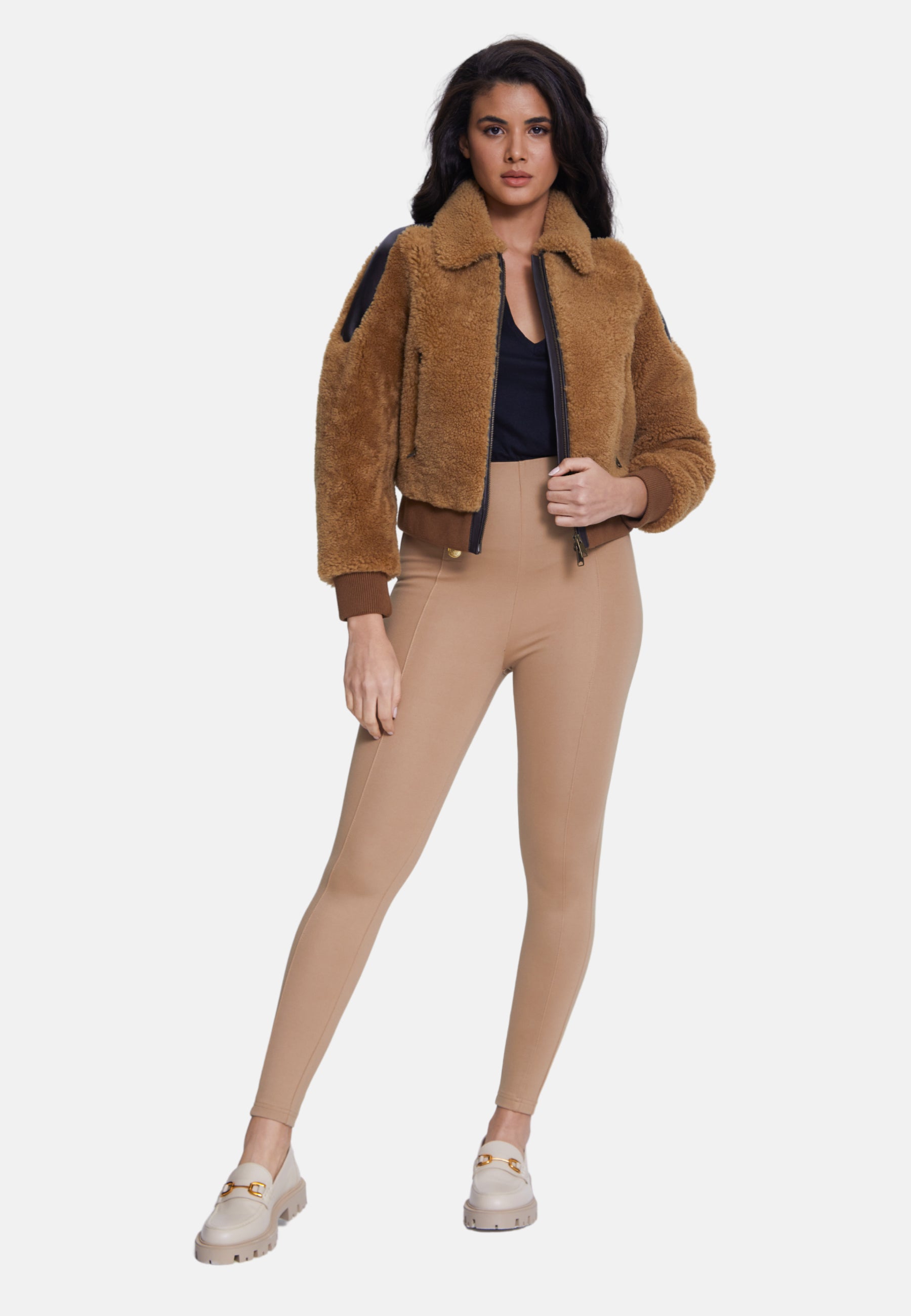 Women's Suede Jacket, Suede Brown With Ginger Curly Wool