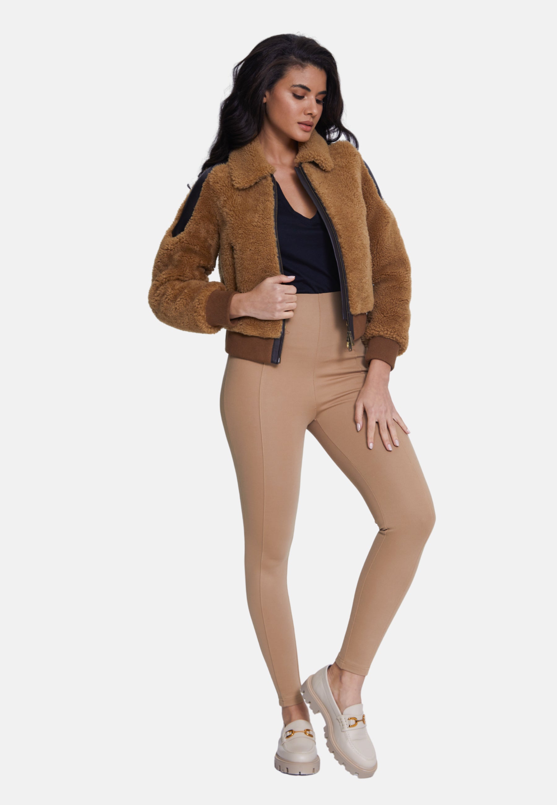 Women's Suede Jacket, Suede Brown With Ginger Curly Wool