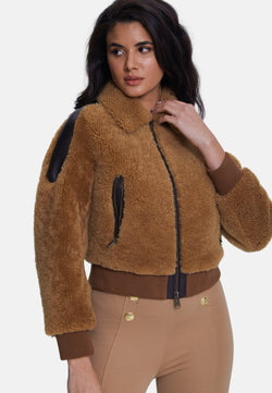 Image of Women's Suede Jacket, Suede Brown With Ginger Curly Wool