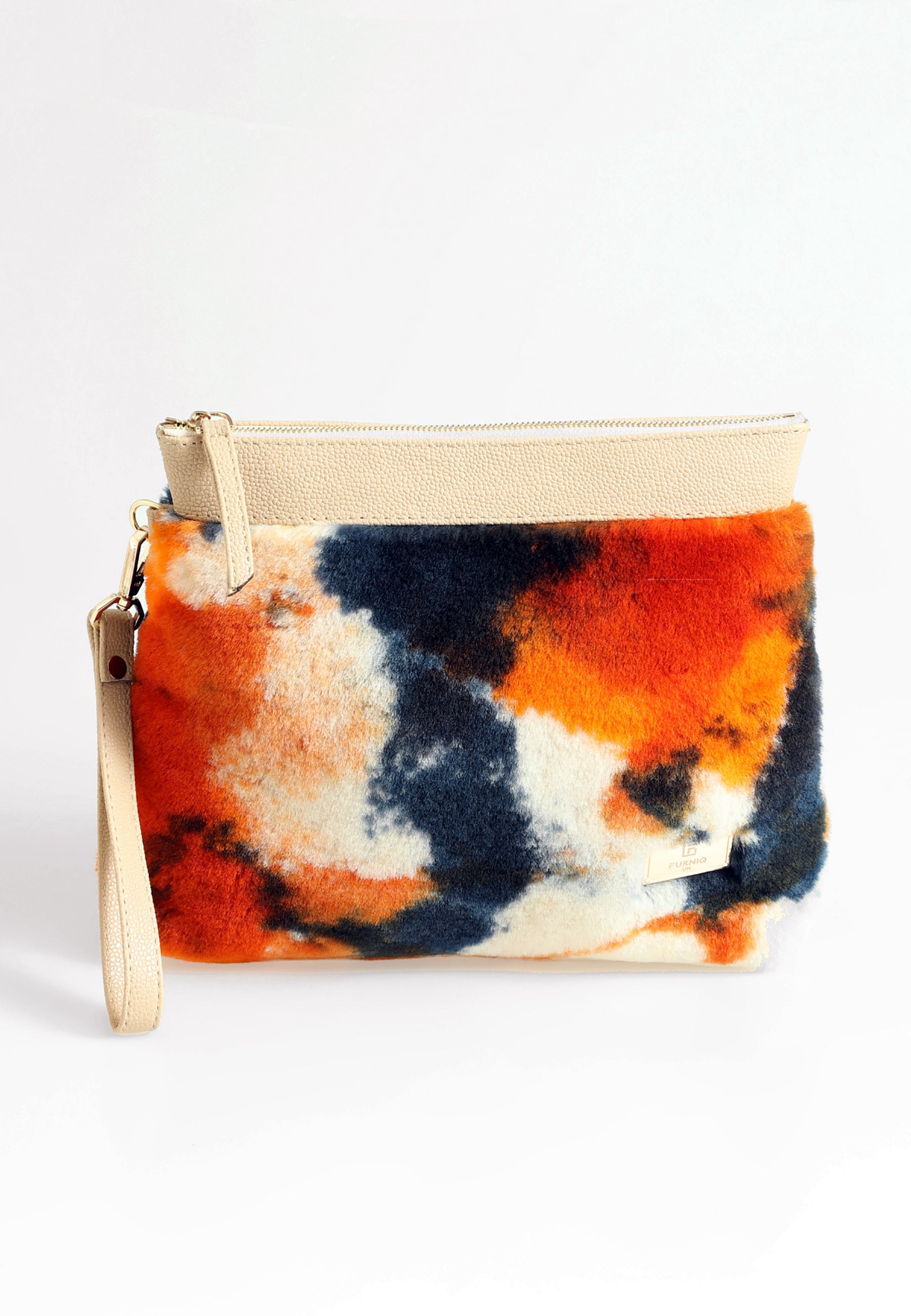 Lammfell-Clutch für Damen, orangefarbene, mehrfarbige Wolle