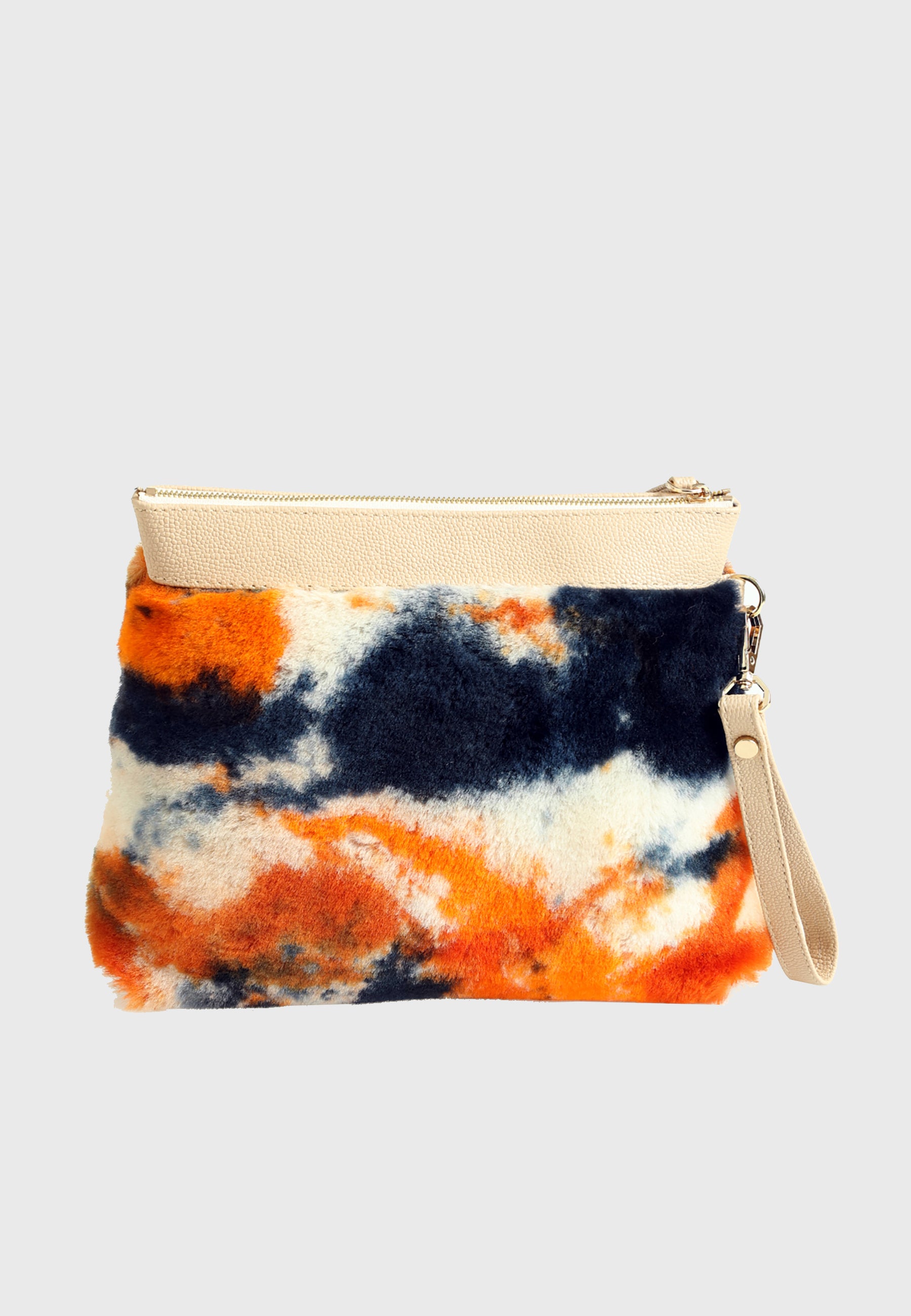 Lammfell-Clutch für Damen, orangefarbene, mehrfarbige Wolle