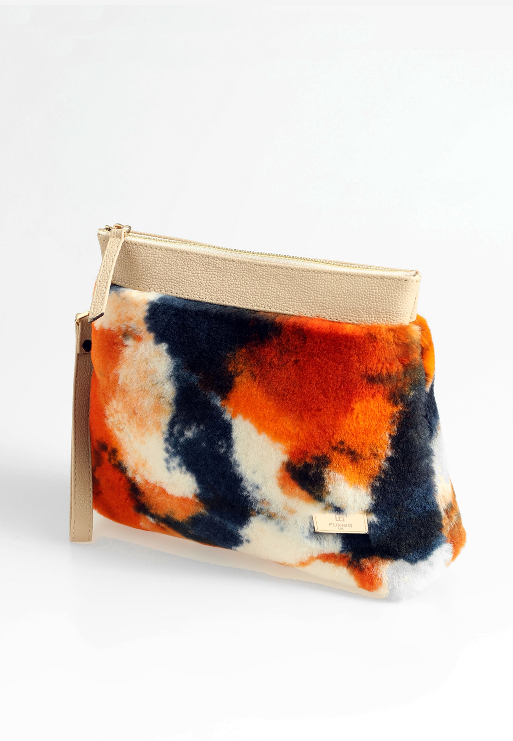 Lammfell-Clutch für Damen, orangefarbene, mehrfarbige Wolle