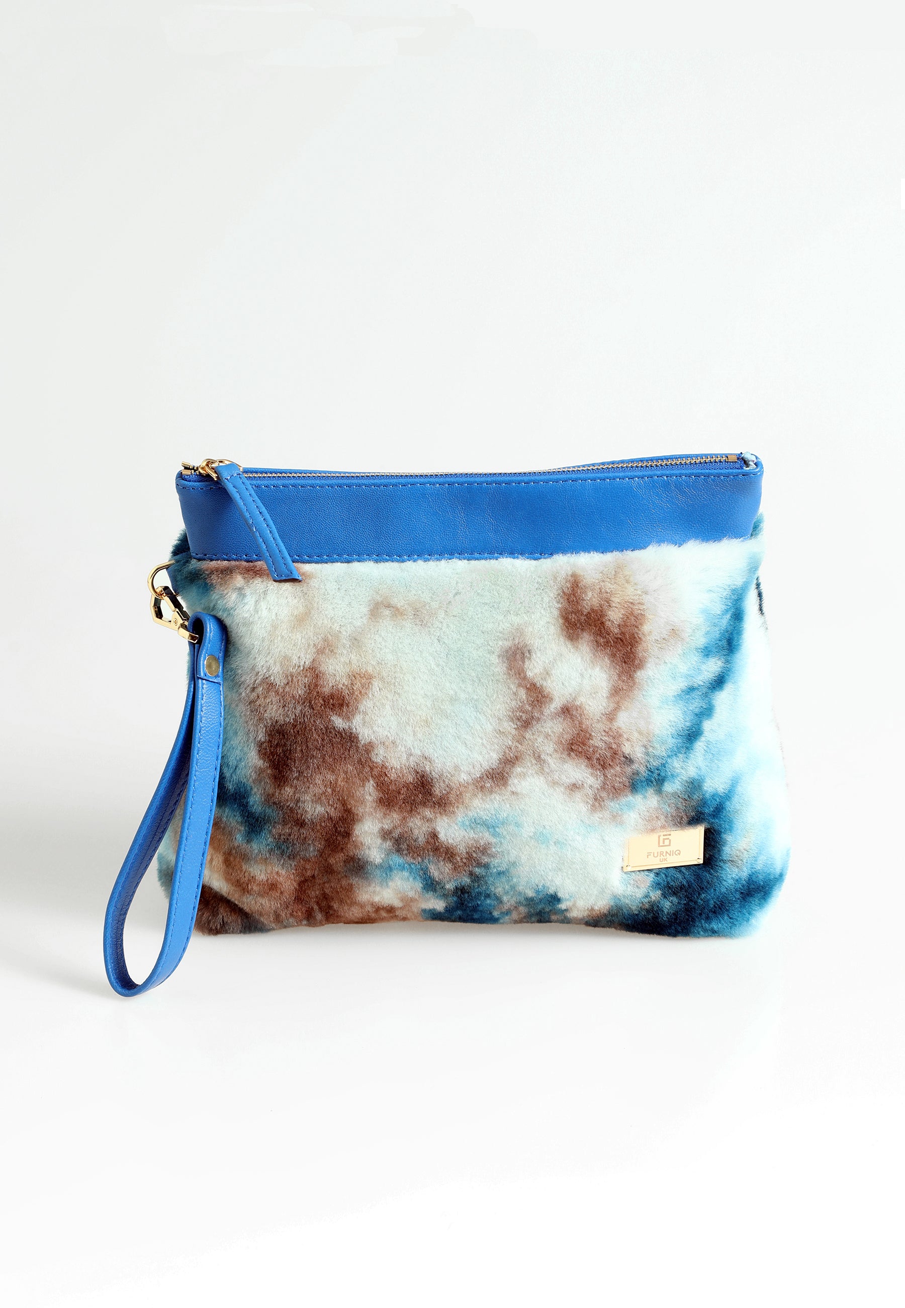 Lammfell-Clutch für Damen, Blau mit blauer, mehrfarbiger Wolle