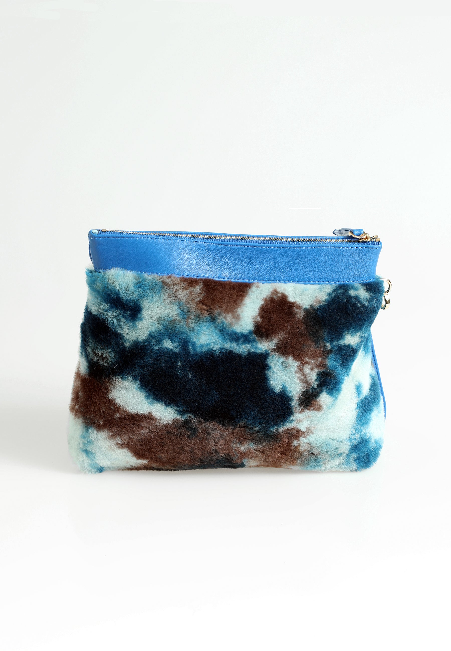 Lammfell-Clutch für Damen, Blau mit blauer, mehrfarbiger Wolle