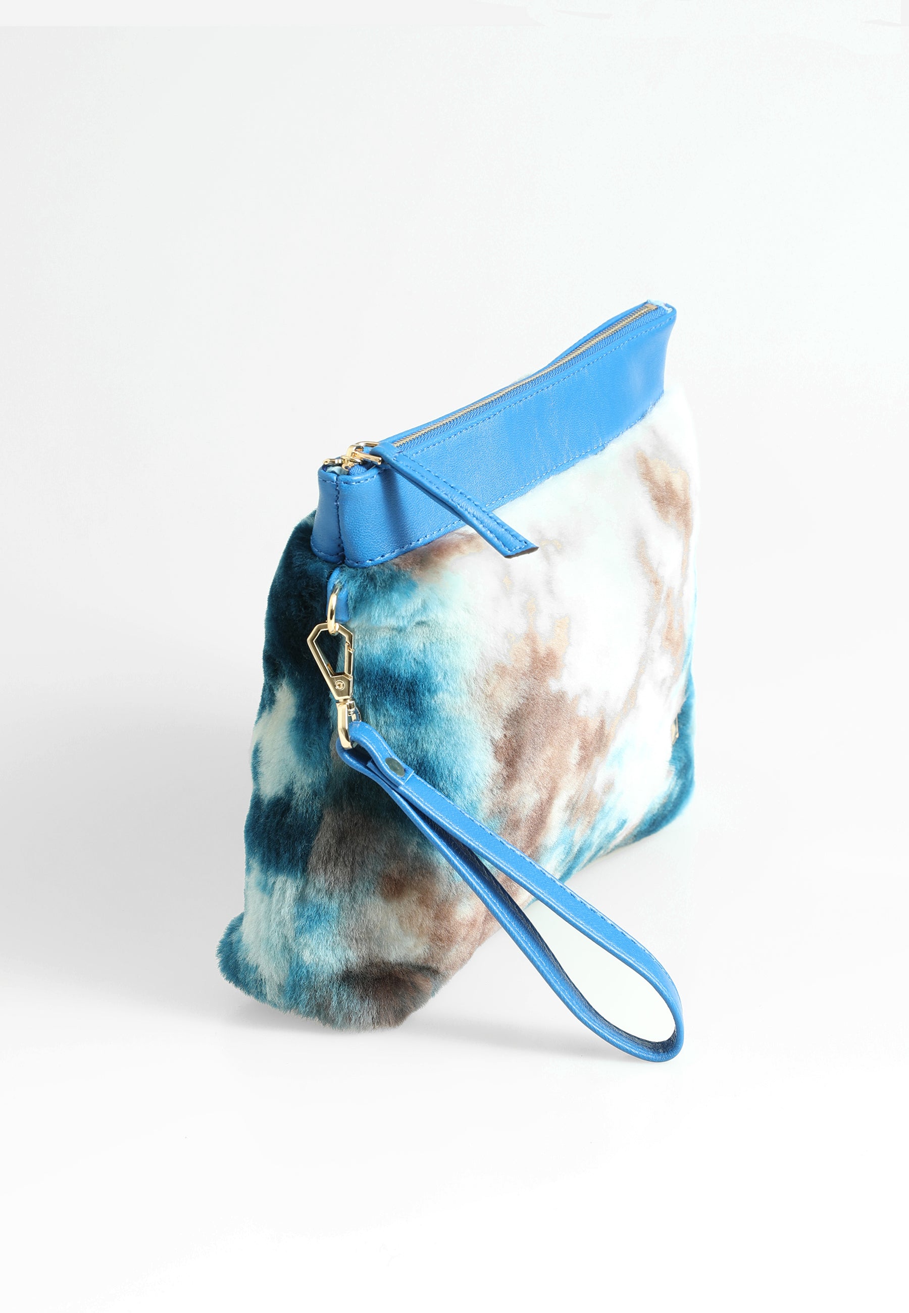 Lammfell-Clutch für Damen, Blau mit blauer, mehrfarbiger Wolle