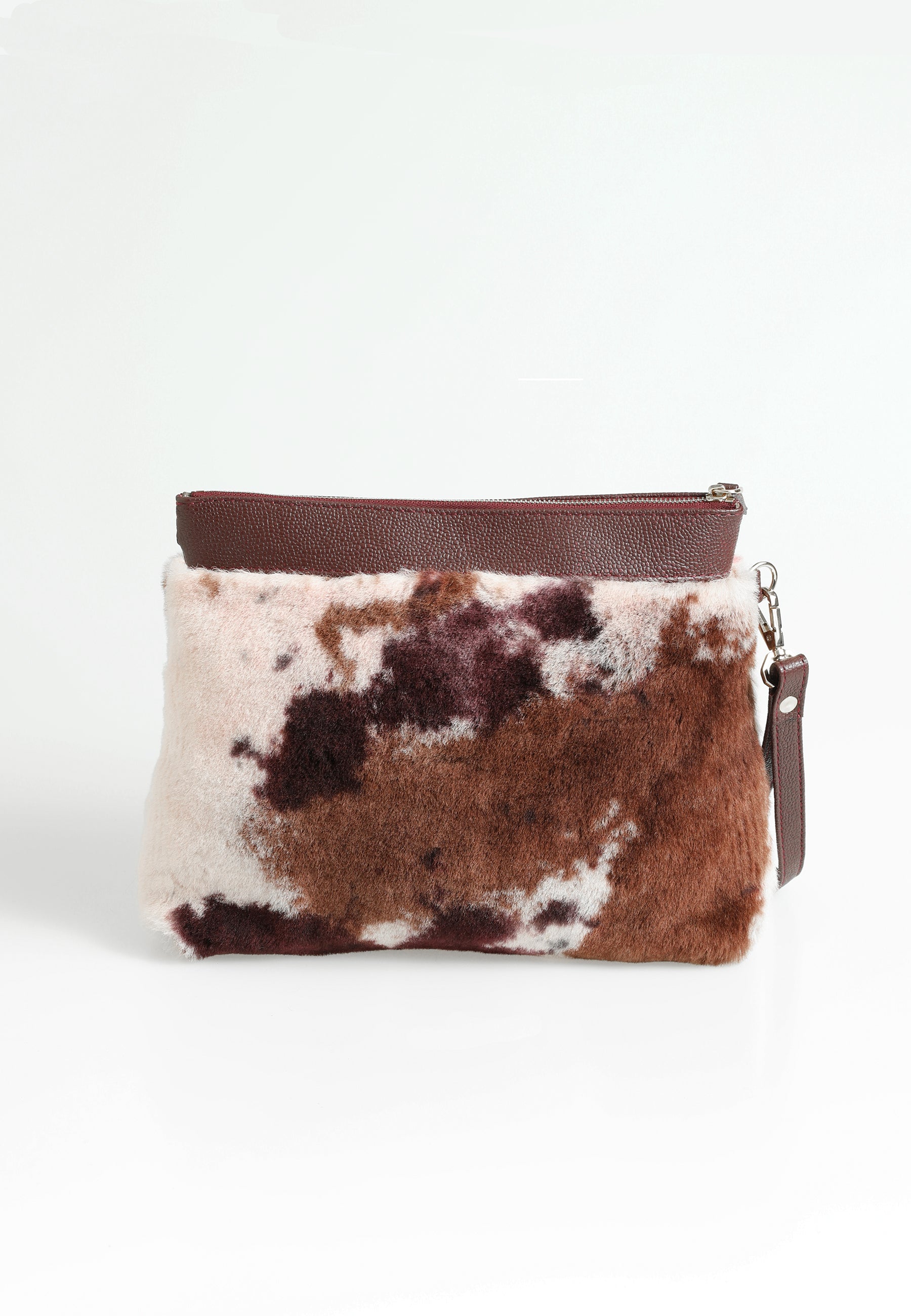 Lammfell-Clutch für Damen, Burgund mit brauner, mehrfarbiger Wolle