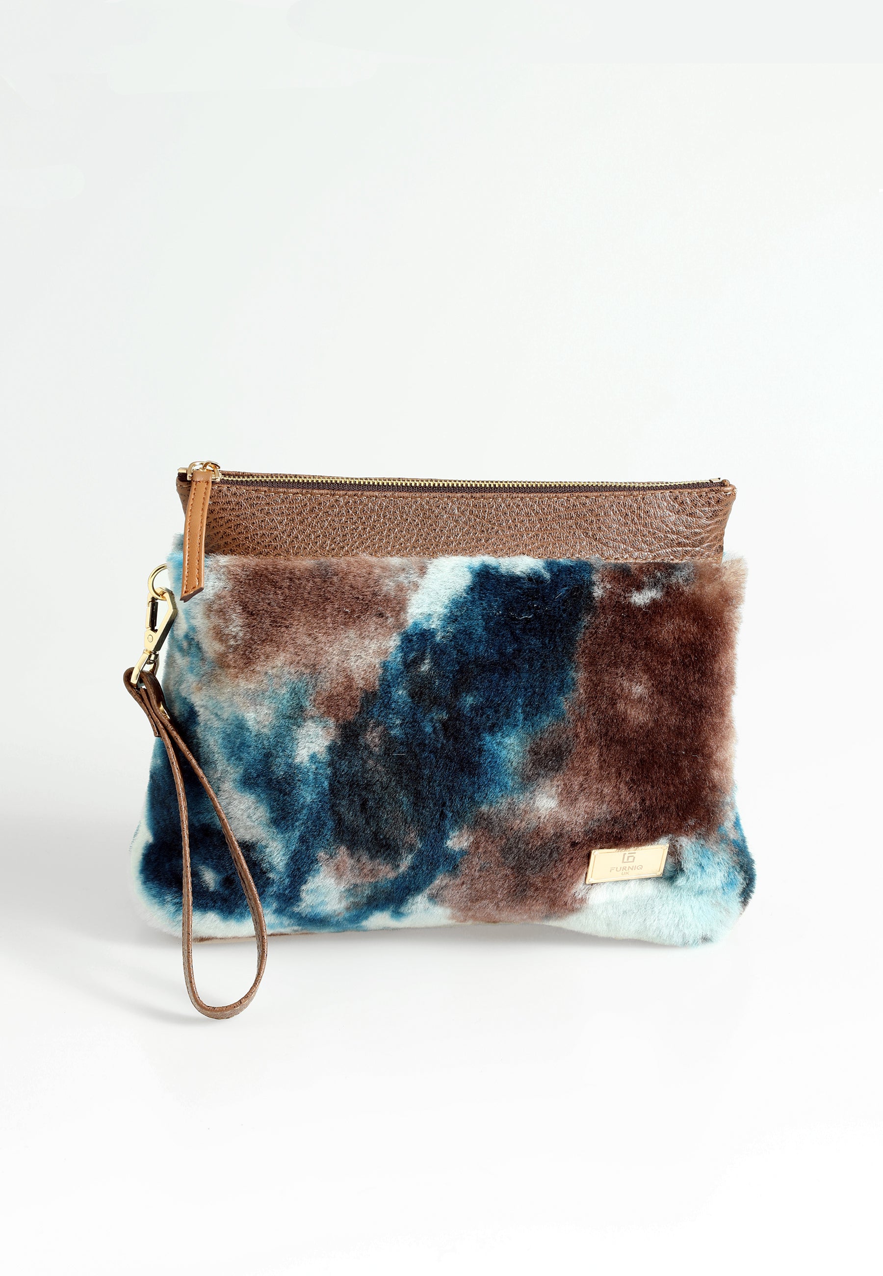 Lammfell-Clutch für Damen, Braun mit blauer, mehrfarbiger Wolle