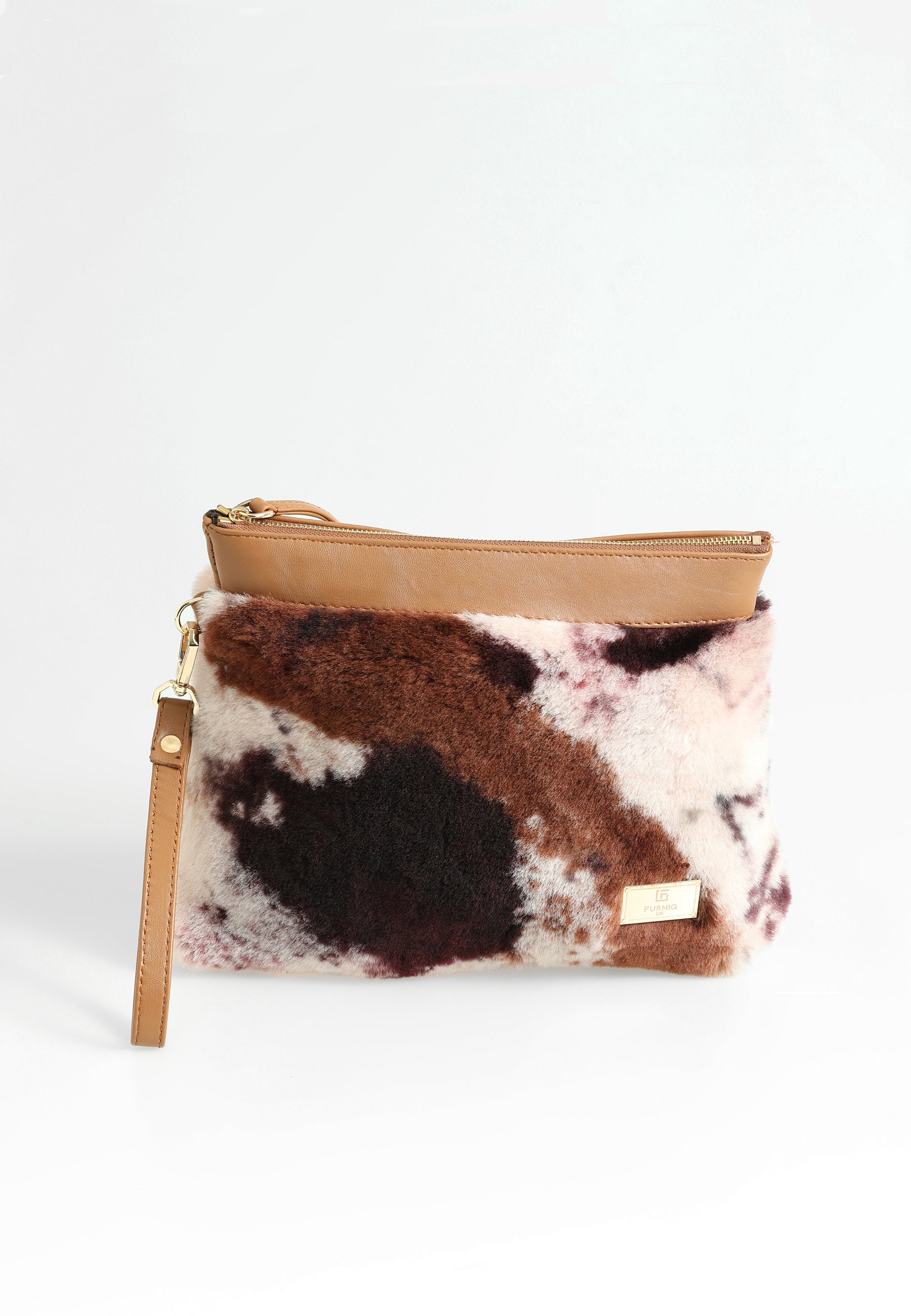 Lammfell-Clutch für Damen, hellbraun mit brauner, mehrfarbiger Wolle